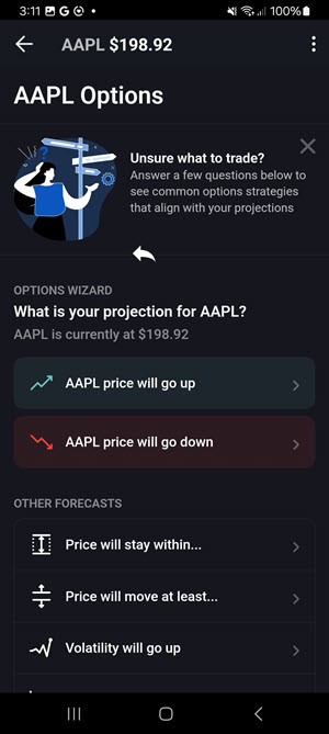 The options wizard select forecast screen on the Android Phone
